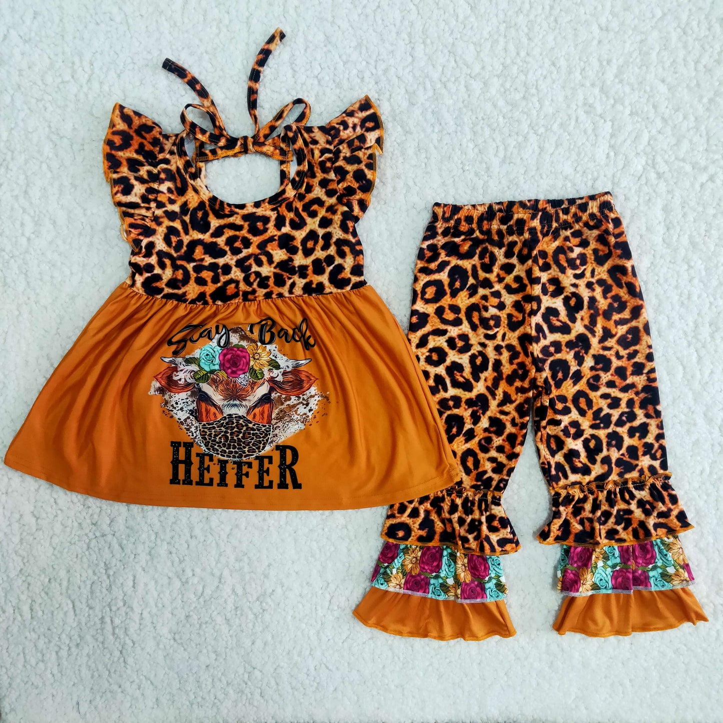 1.99 B9-24 Girls Heifer Outfits Flutter Sleeves Leopard Brown Pants
