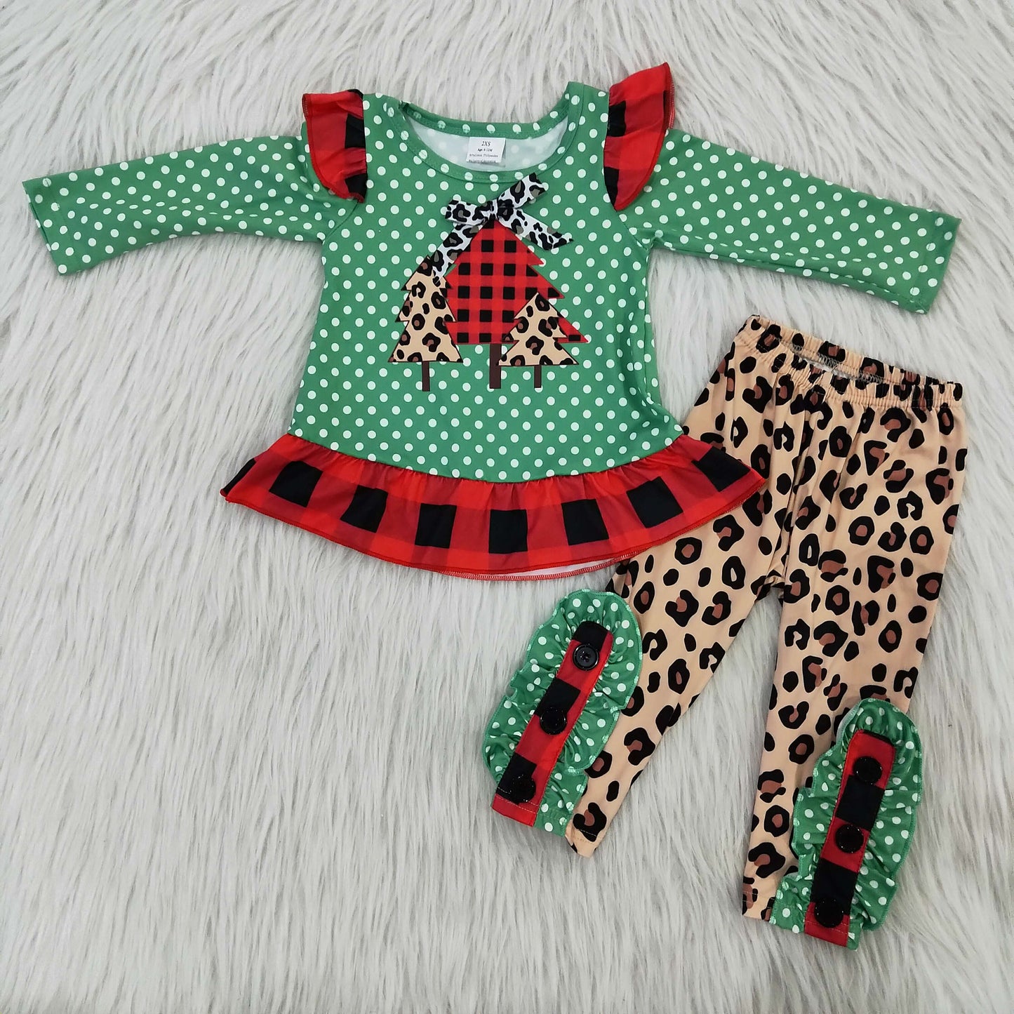 2.99 6 B8-17 Baby Girls Christmas Tree Green Outfits Long Sleeves Leopard Pants