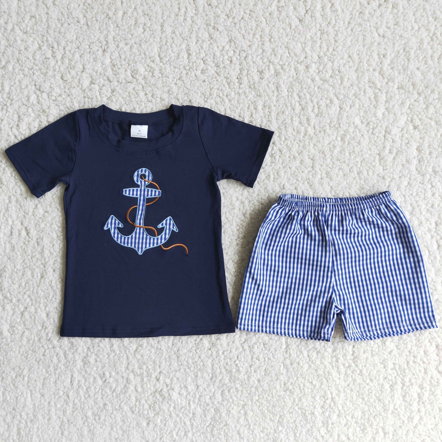 Boys Embroidery Boat Anchor Outfits Short Sleeves Navy Shorts