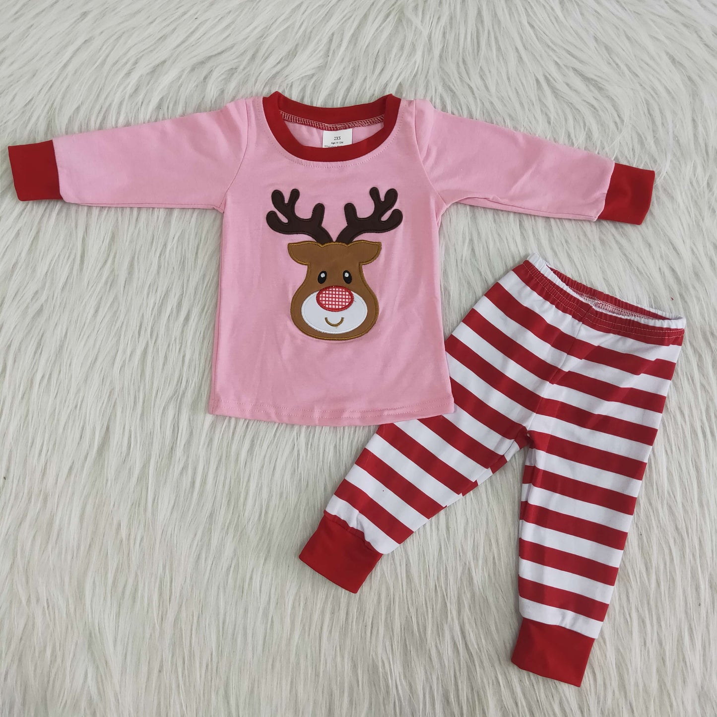 Boys Embroidery Christmas Reindeer Pajamas Pink Long Sleeves Stripe Joggers