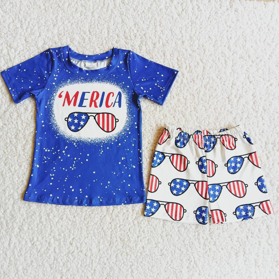 Boys America Outfits Short Sleeves Blue Shorts