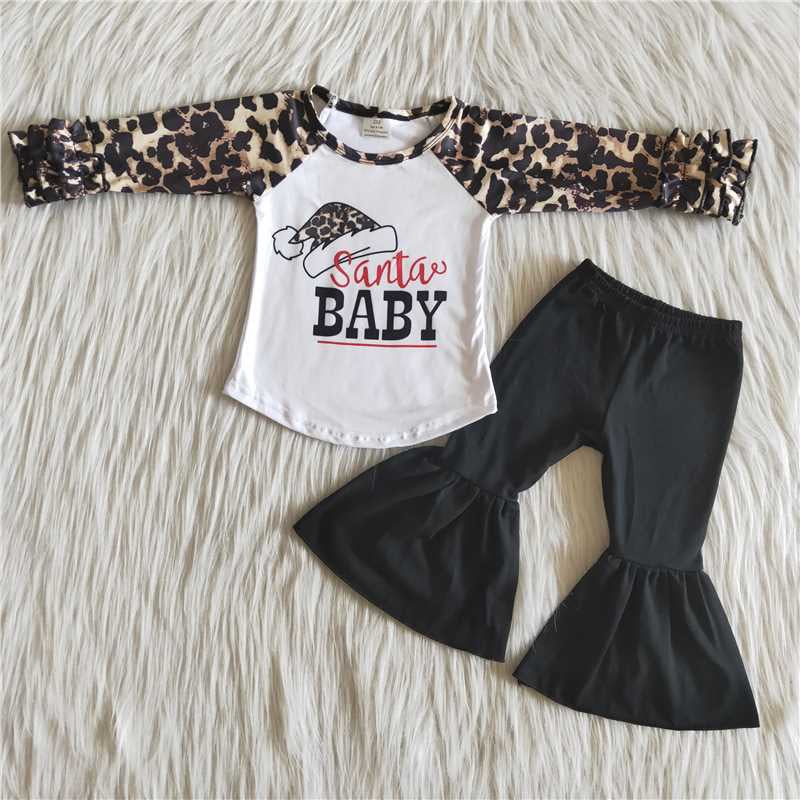 2.99 6 A17-30 Girls Christmas Santa Baby Outfits Long Sleeves Black Bell Bottom Pants