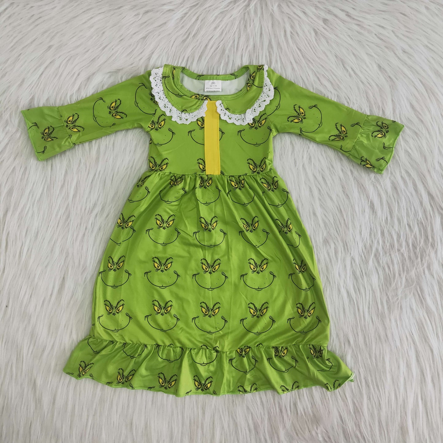 6 A14-30 Girls Christmas Gown Green Long Sleeves Pajamas