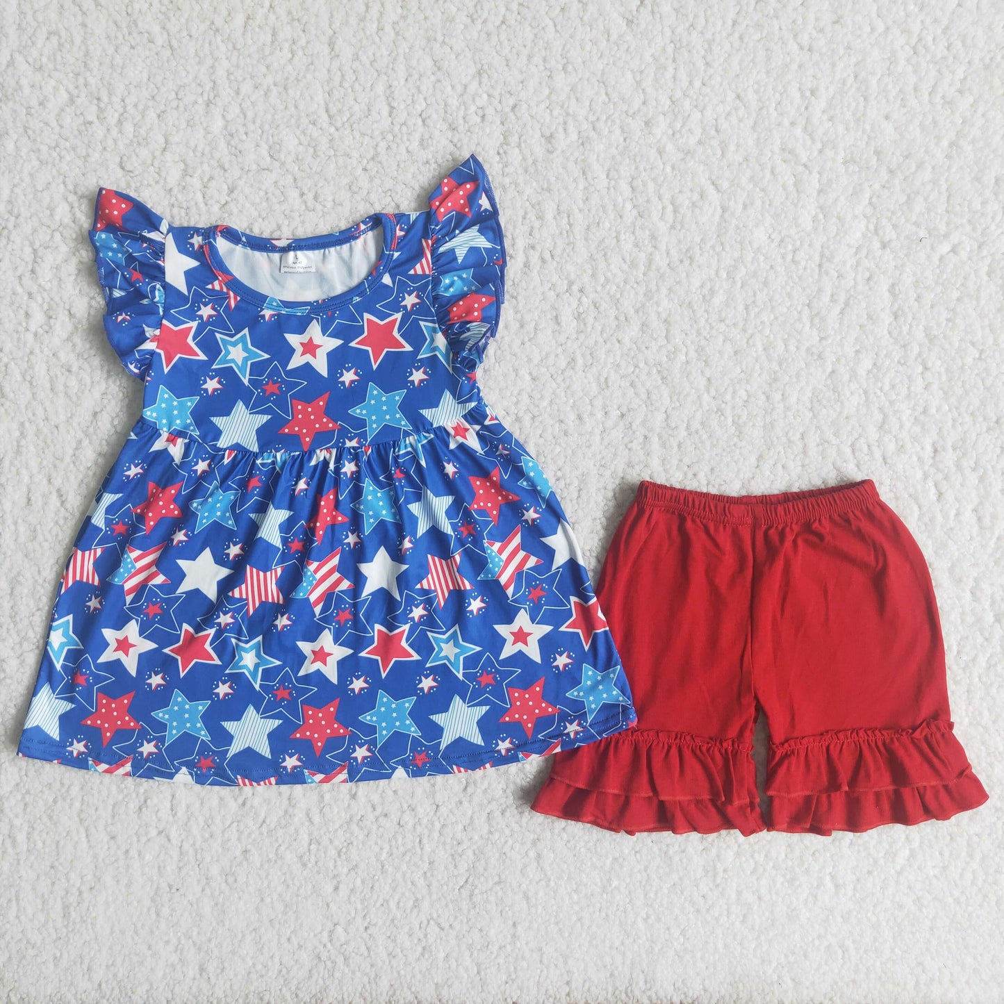 A15-21 Girls Blue Stars Outfits Flutter Sleeves Red Shorts