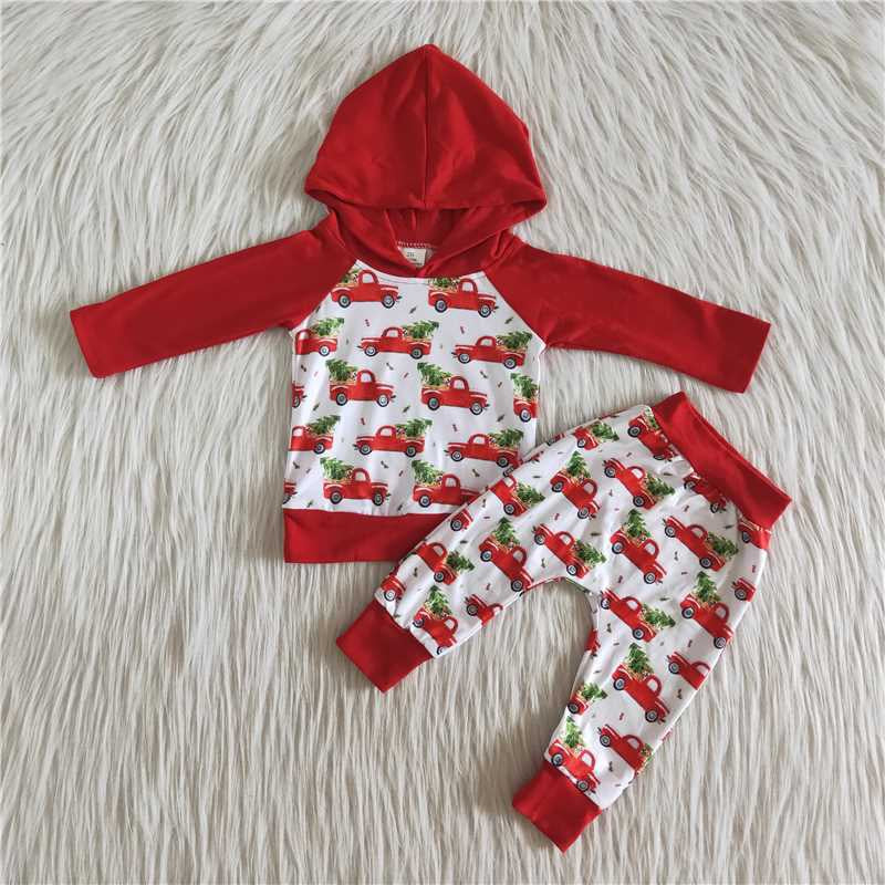 6 A29-28 Boys Christmas Car Outfits Long Sleeves Hoodies Joggers Red