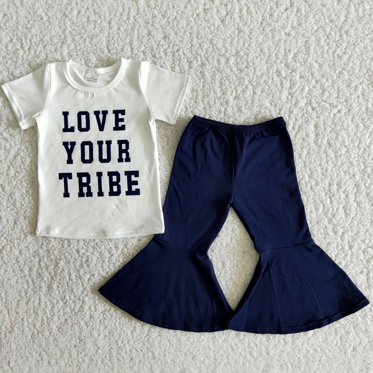 1.99 B11-23 Girls Love Your Tribe Outfits Short Sleeves Bell Bottom Pants