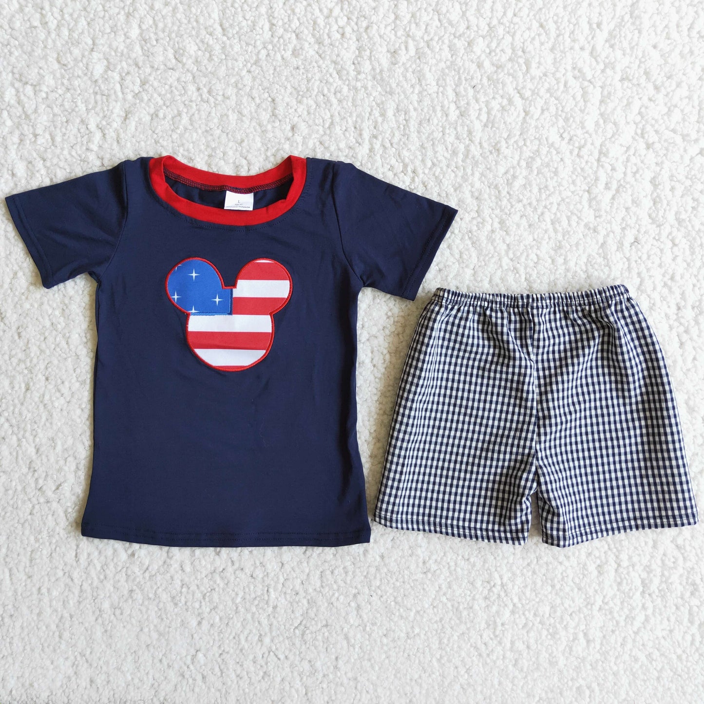 Boys Embroidery Cartoon Outfits Short Sleeves Black Shorts