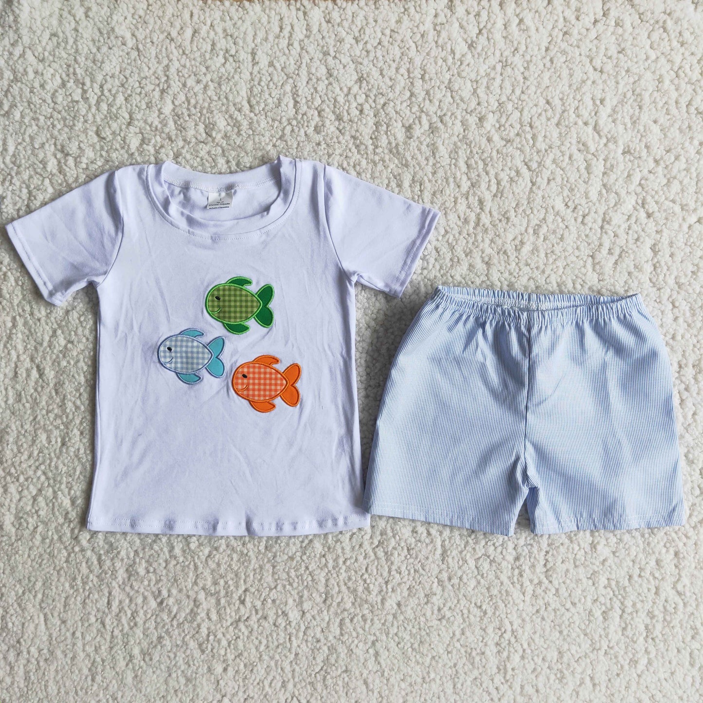Boys Embroidery Fish Outfits Short Sleeves White Shorts