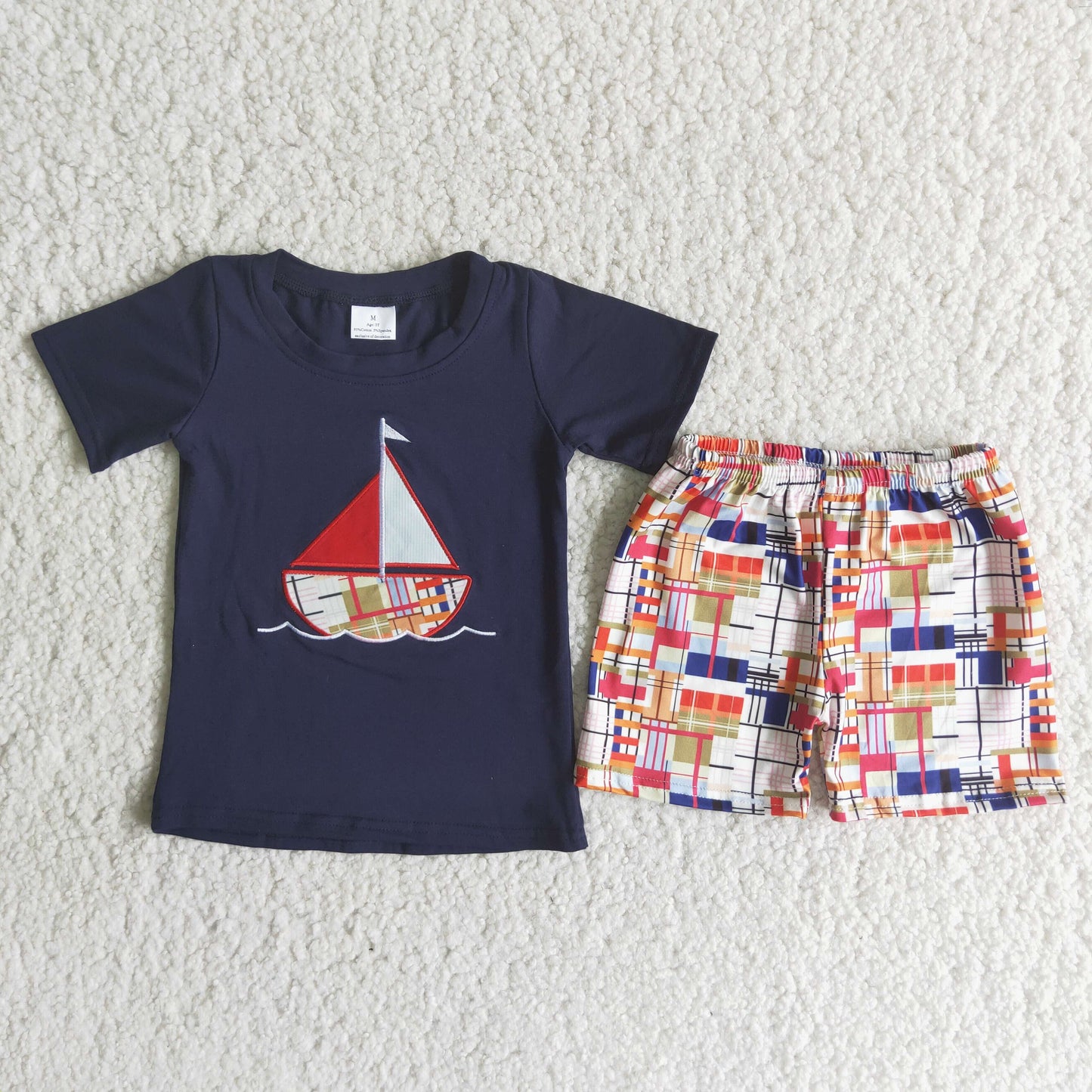 Boys Embroidery Sailboat Outfits Short Sleeves Shorts