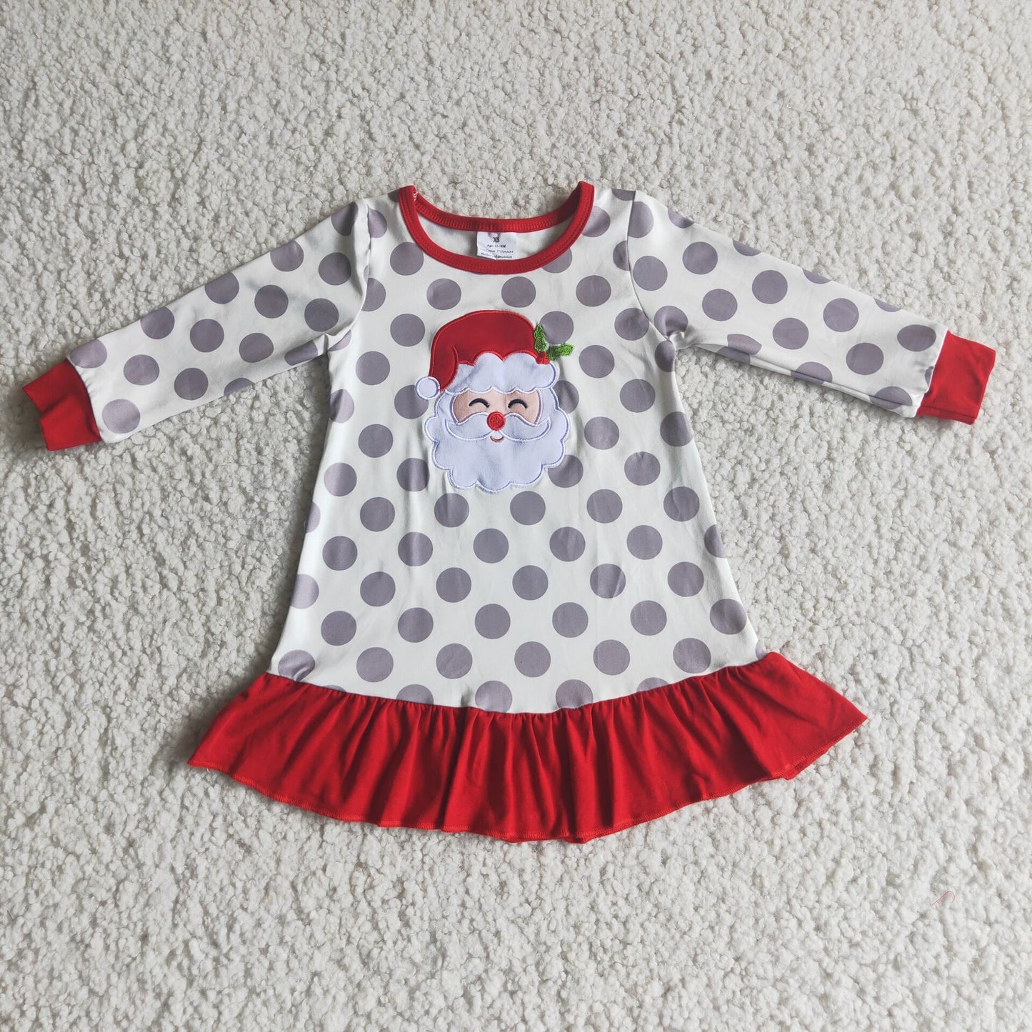 Girls Christmas Santa Gown Long Sleeves Embroidery Dress Polka Dot