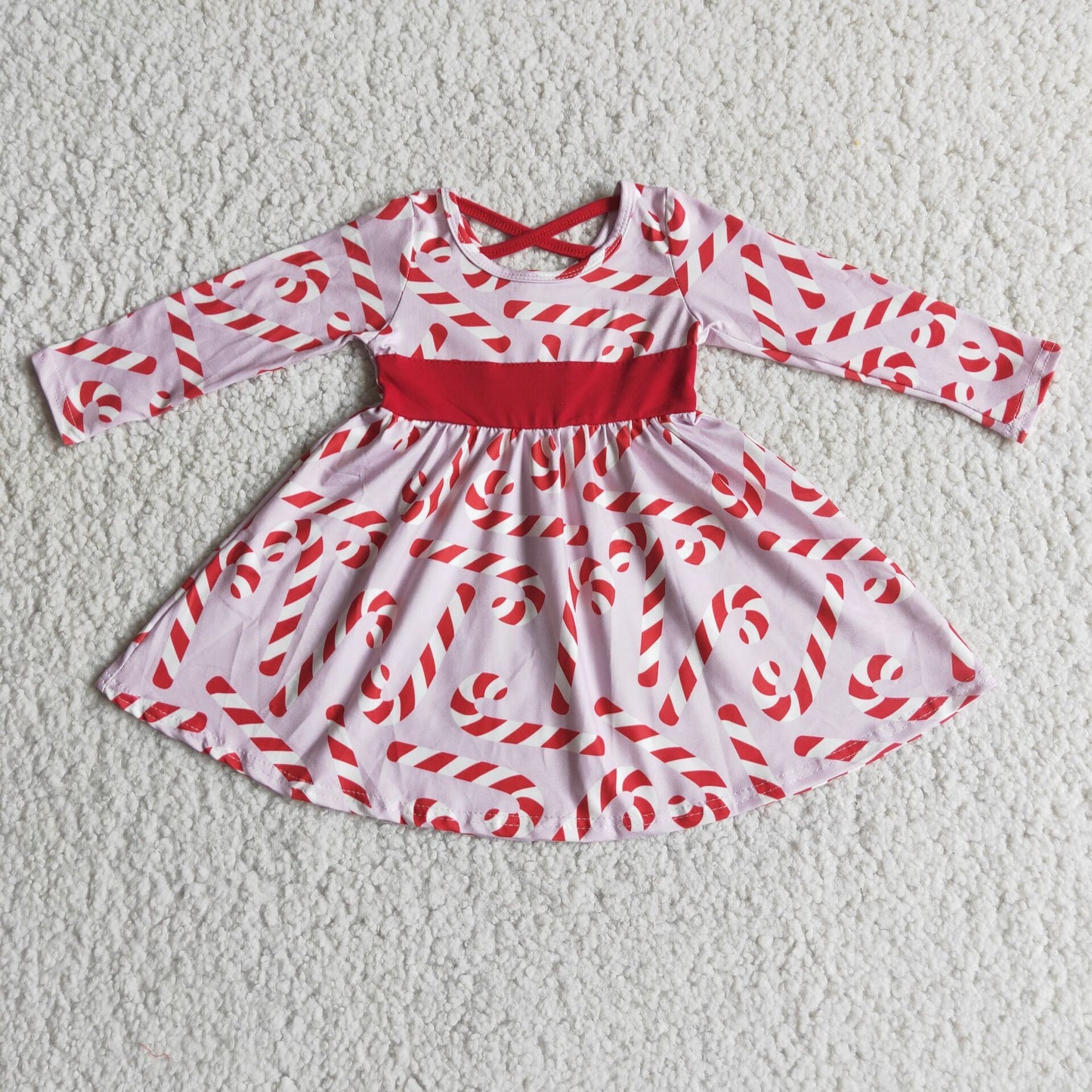 Girls Christmas Candy Canes Dress Long Sleeves Red