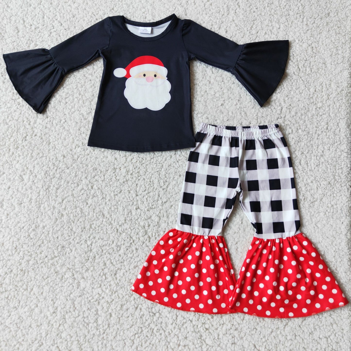 2.99 6 A8-14 Baby Girls Christmas Santa Outfits Long Sleeves Plaid Bell Bottom Pants