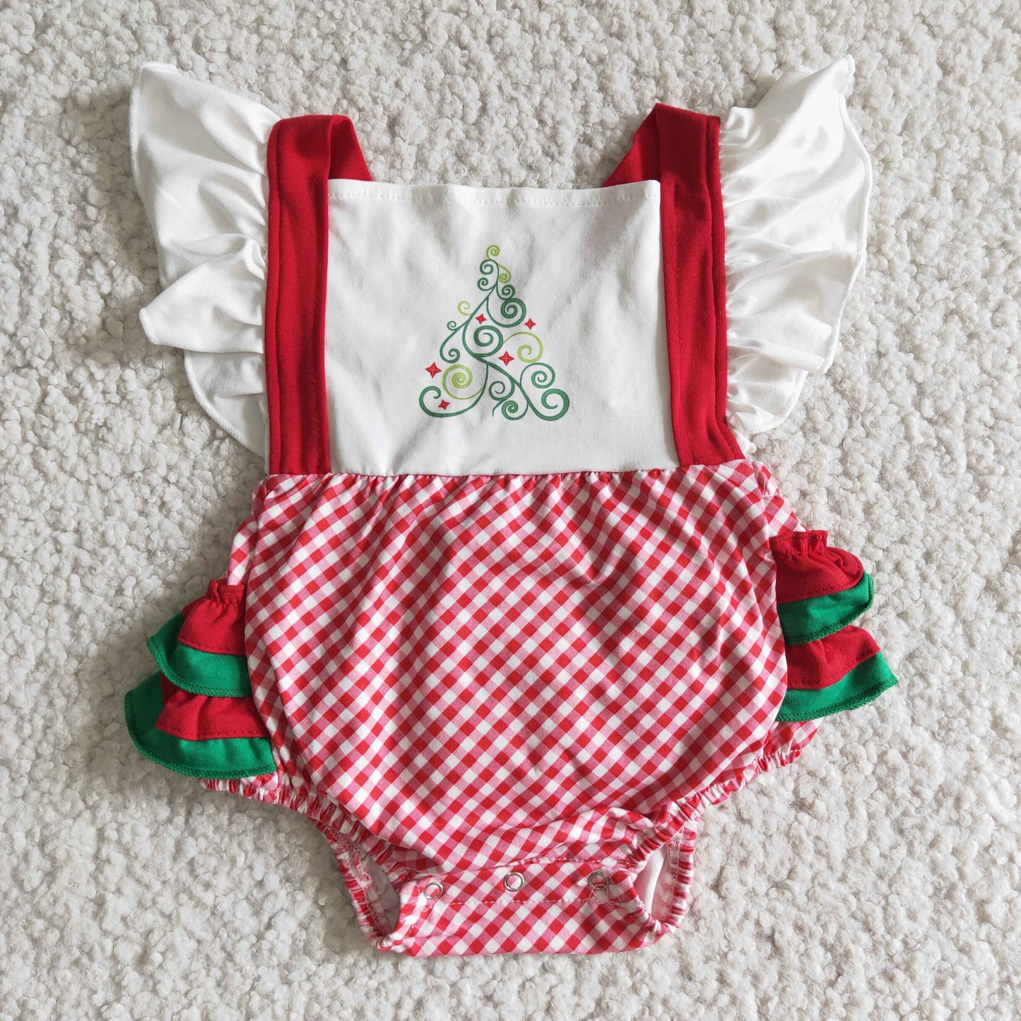 2.99 E3-28 Girls Christmas Tree Rompers Flutter Sleeves