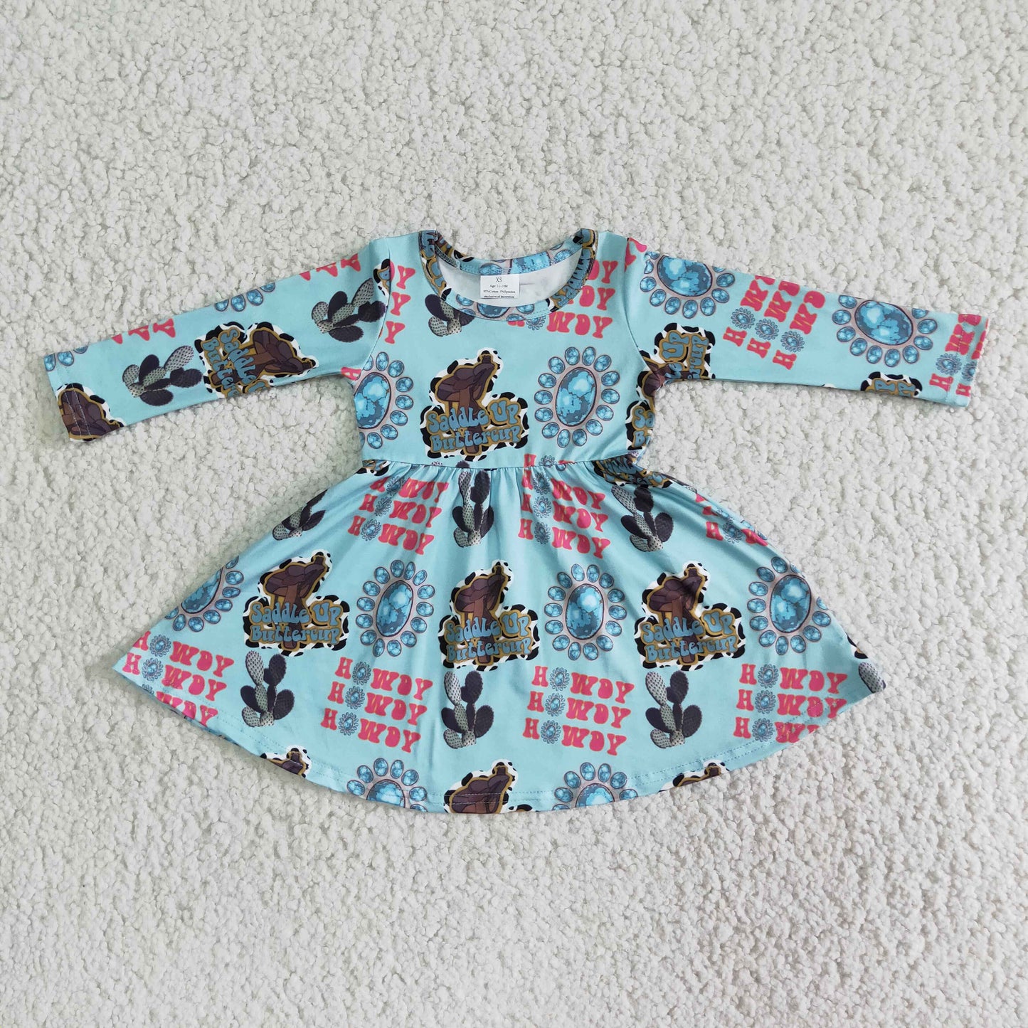 Girls Howdy Dress Long Sleeves Blue