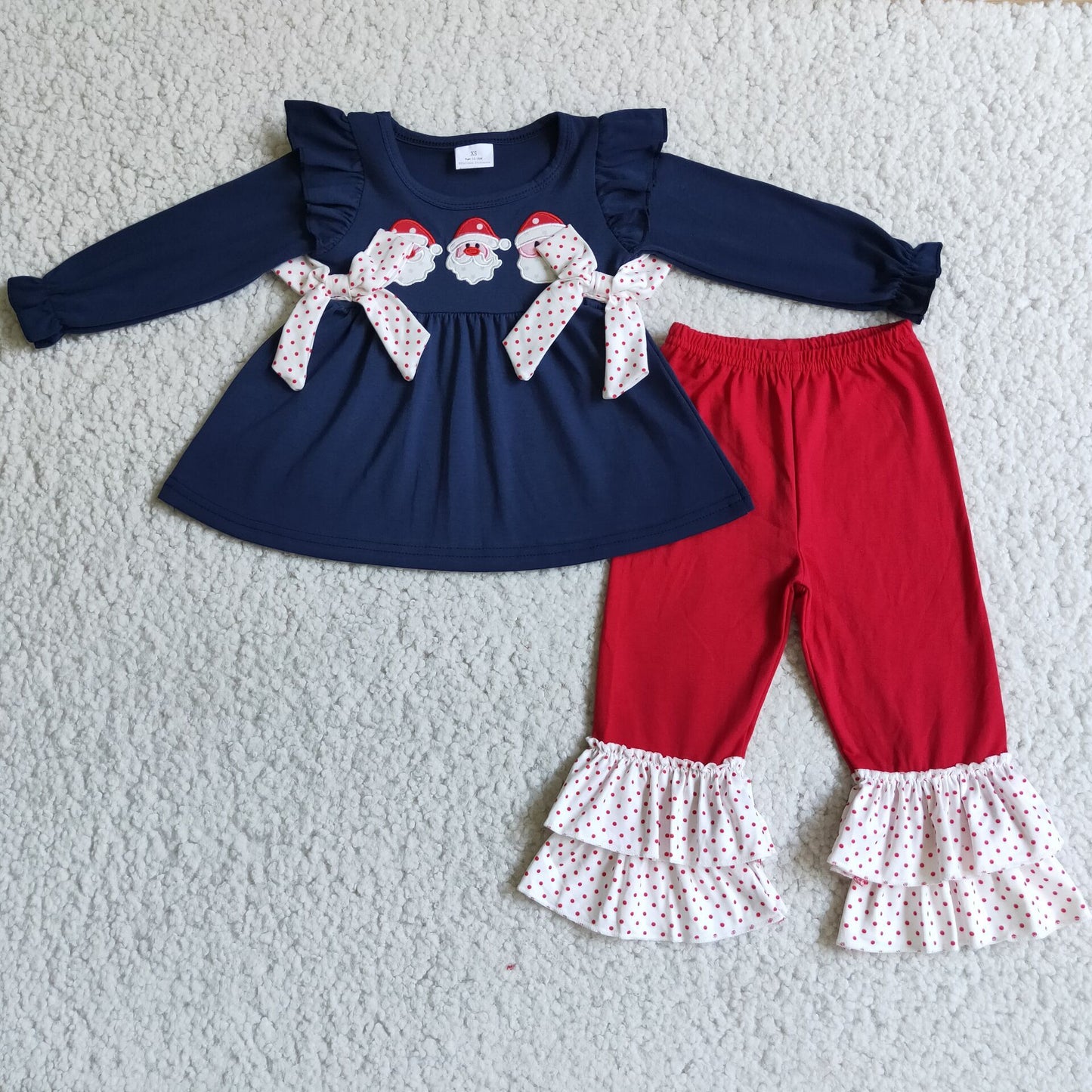 6 B7-39 Girls Embroidery Christmas Santa Outfits Long Sleeves Pants Navy