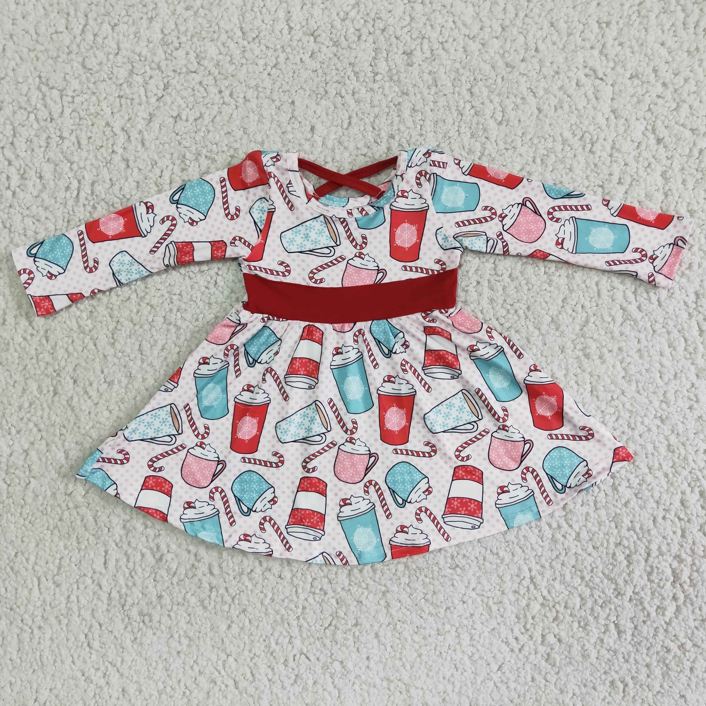 2.99 6 B12-19 Girls Coffee Candy Canes Dress Long Sleeves Red