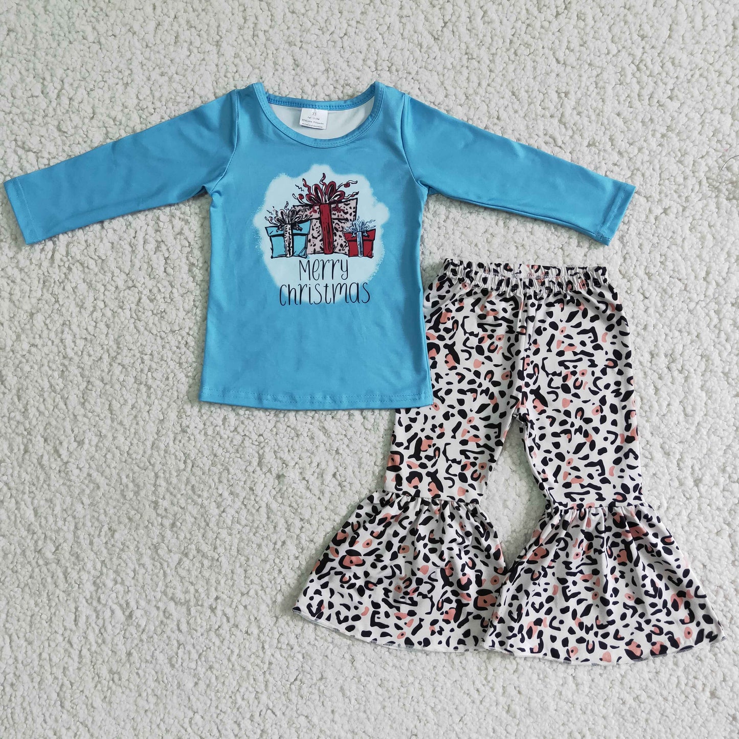2.99 6 B6-36 Girls Merry Christmas Gift Outfits Long Sleeves Leopard Pants Blue