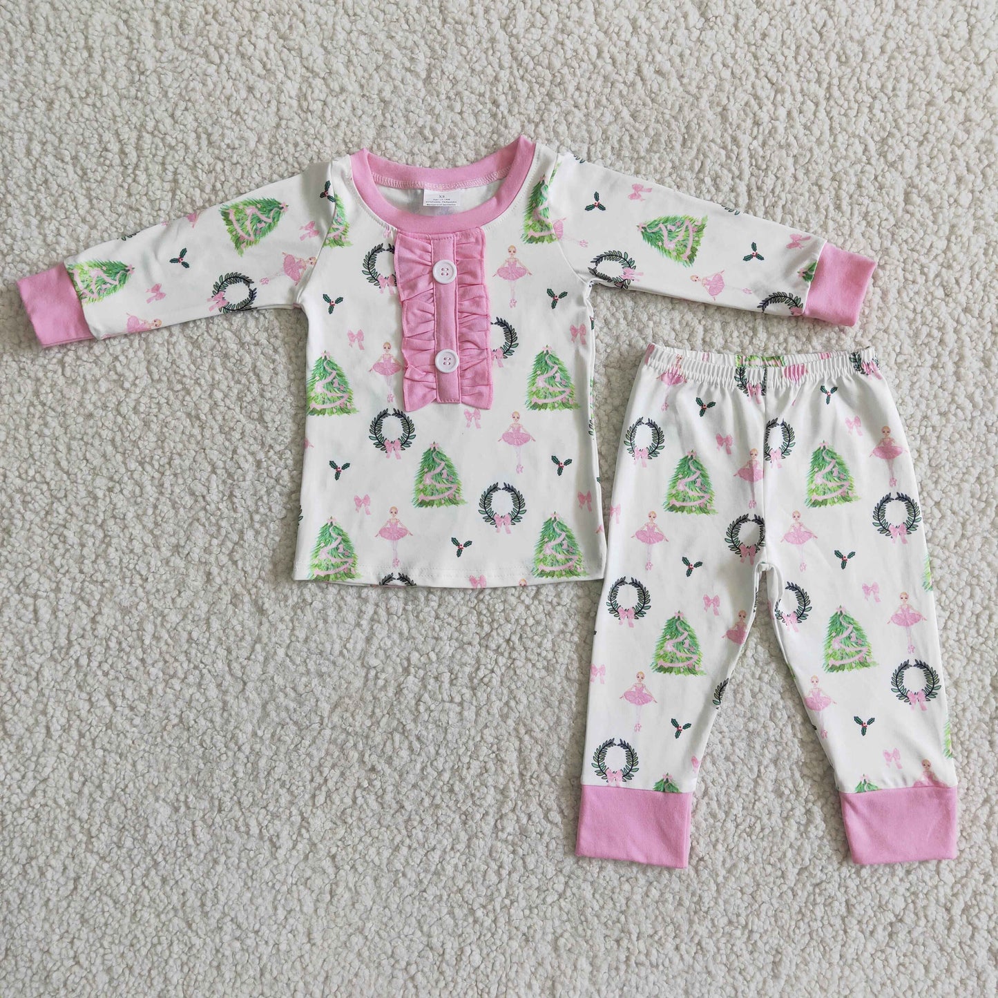 Girls Christmas Tree Pajamas Long Sleeves Pink Pants
