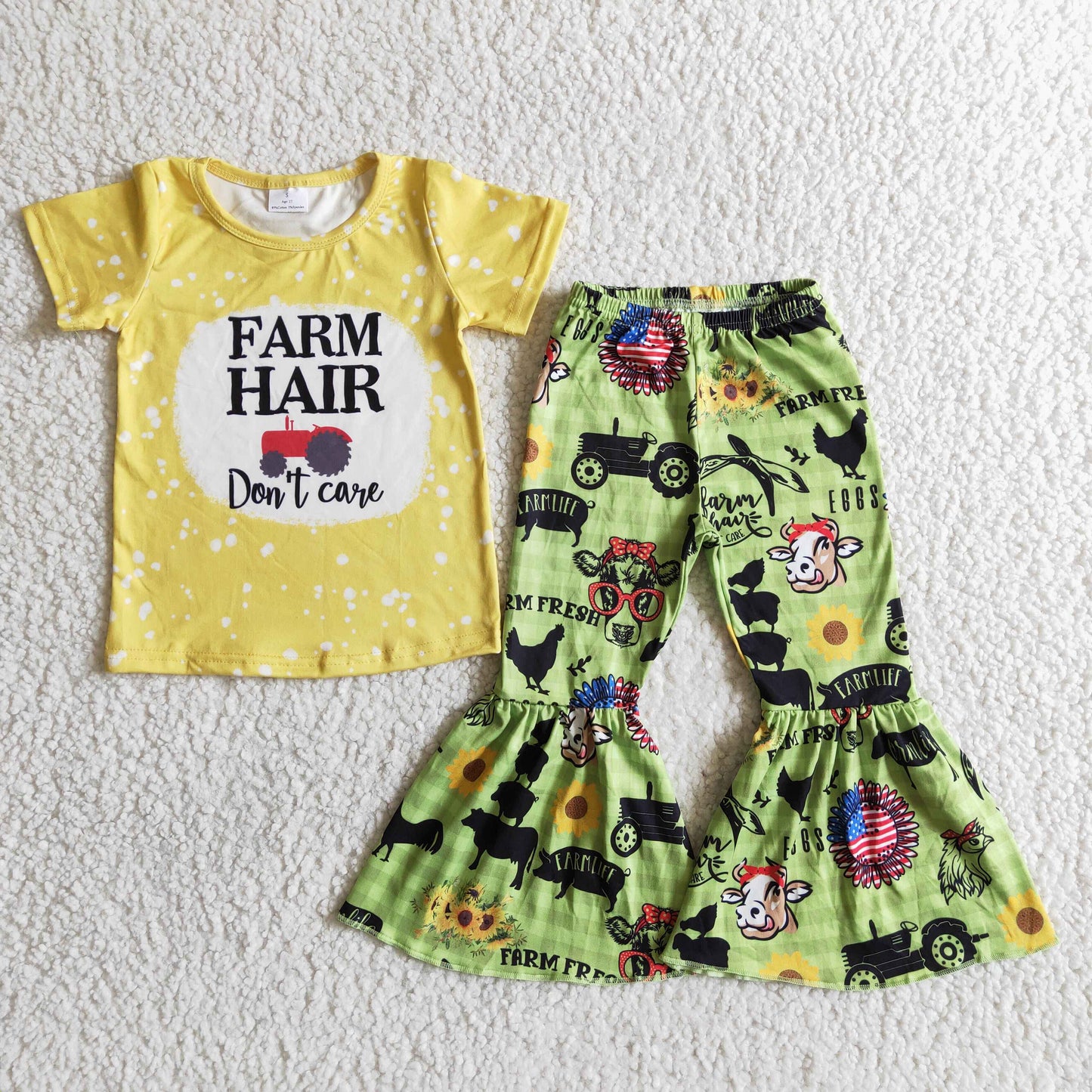 1.99 B12-28 Girls Farm Hair Outfits Short Sleeves Bell Bottom Pants