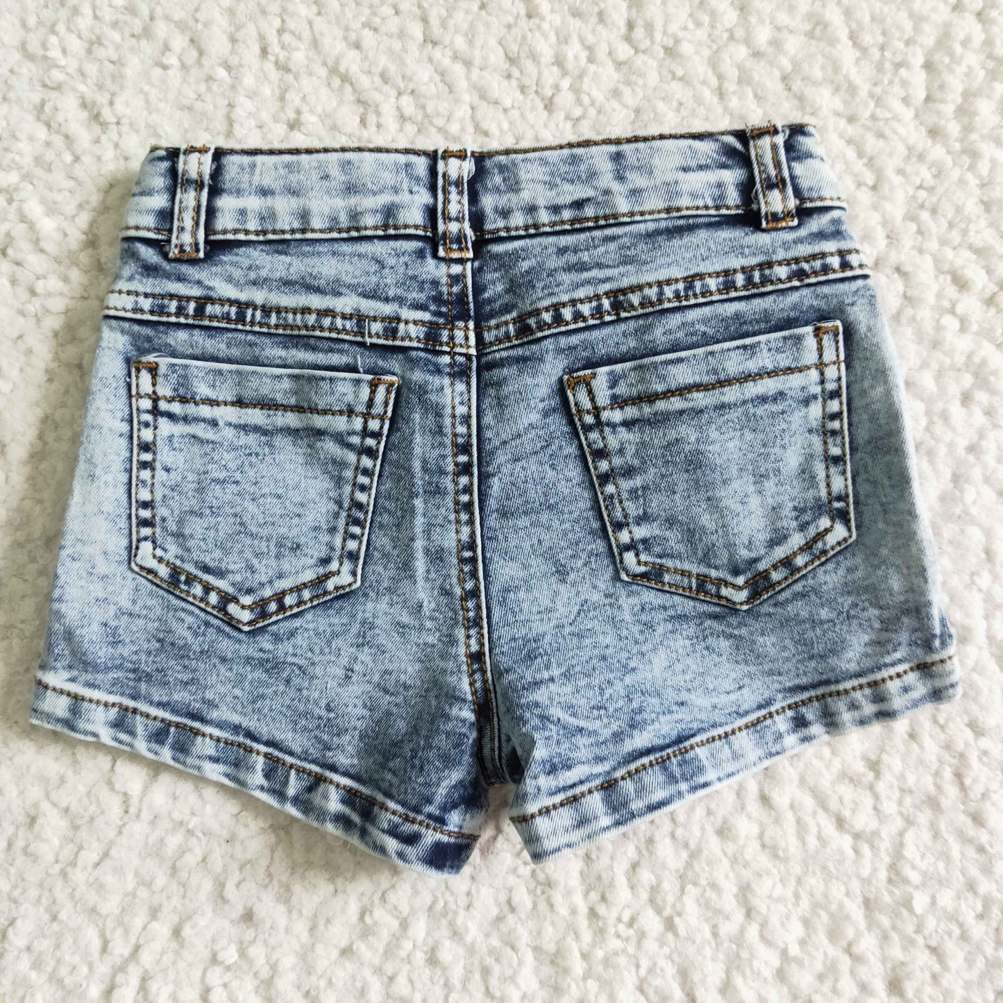 Girls Sky Blue Summer Denim Shorts With Ruffle