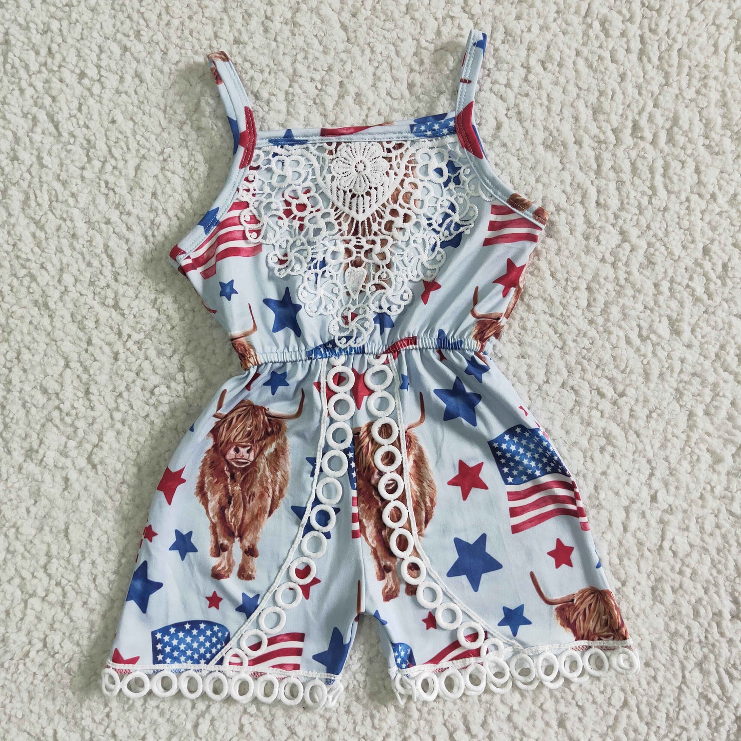Girls July Fourth Cow Summer Jumpsuit