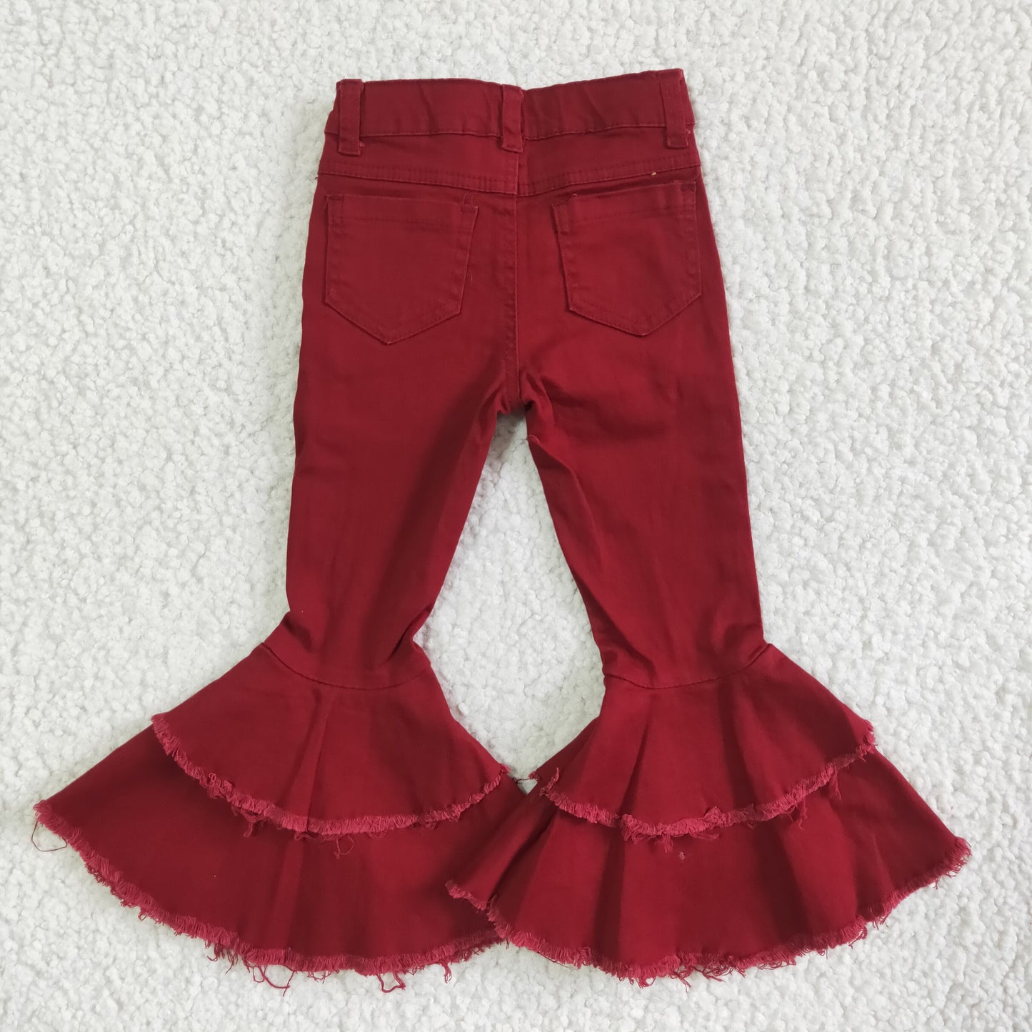 P0004 Girls Dark Red Ruffled Bell Bottom Pants Jeans