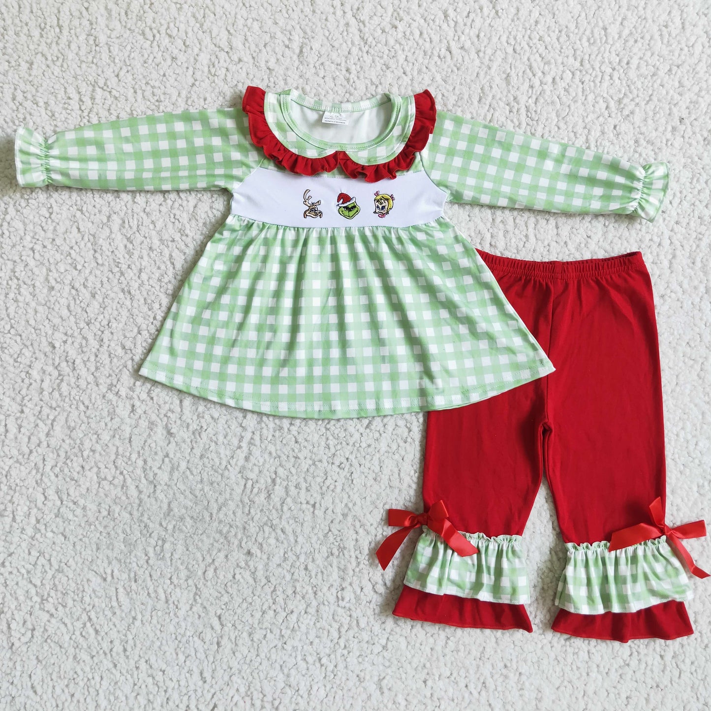 Girls Embroidery Christmas Outfits Long Sleeves Red Pants