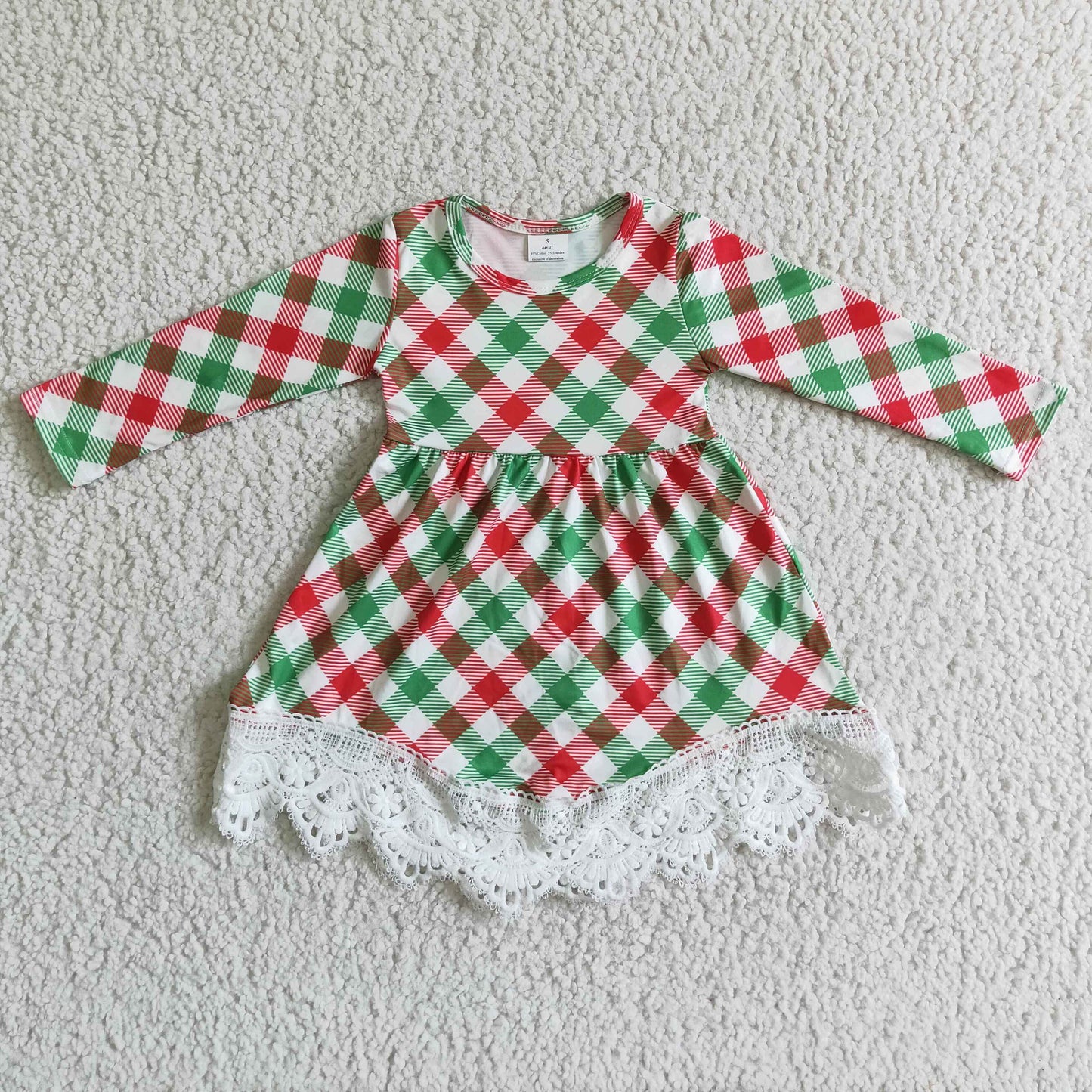 GLD0023 Girls Plaid Lace Dress Long Sleeves