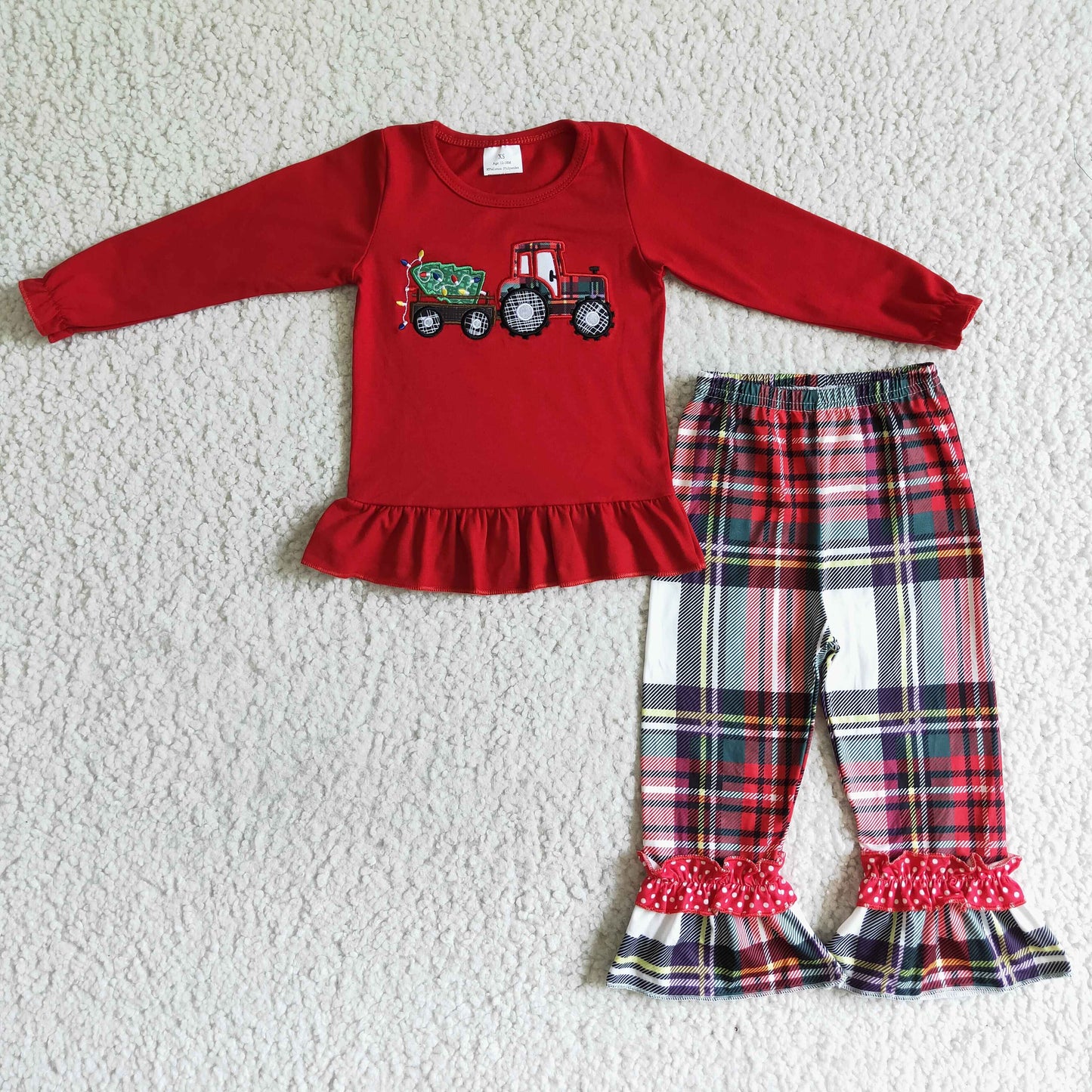 Girls Embroidery Truck Outfits Long Sleeves Plaid Pants