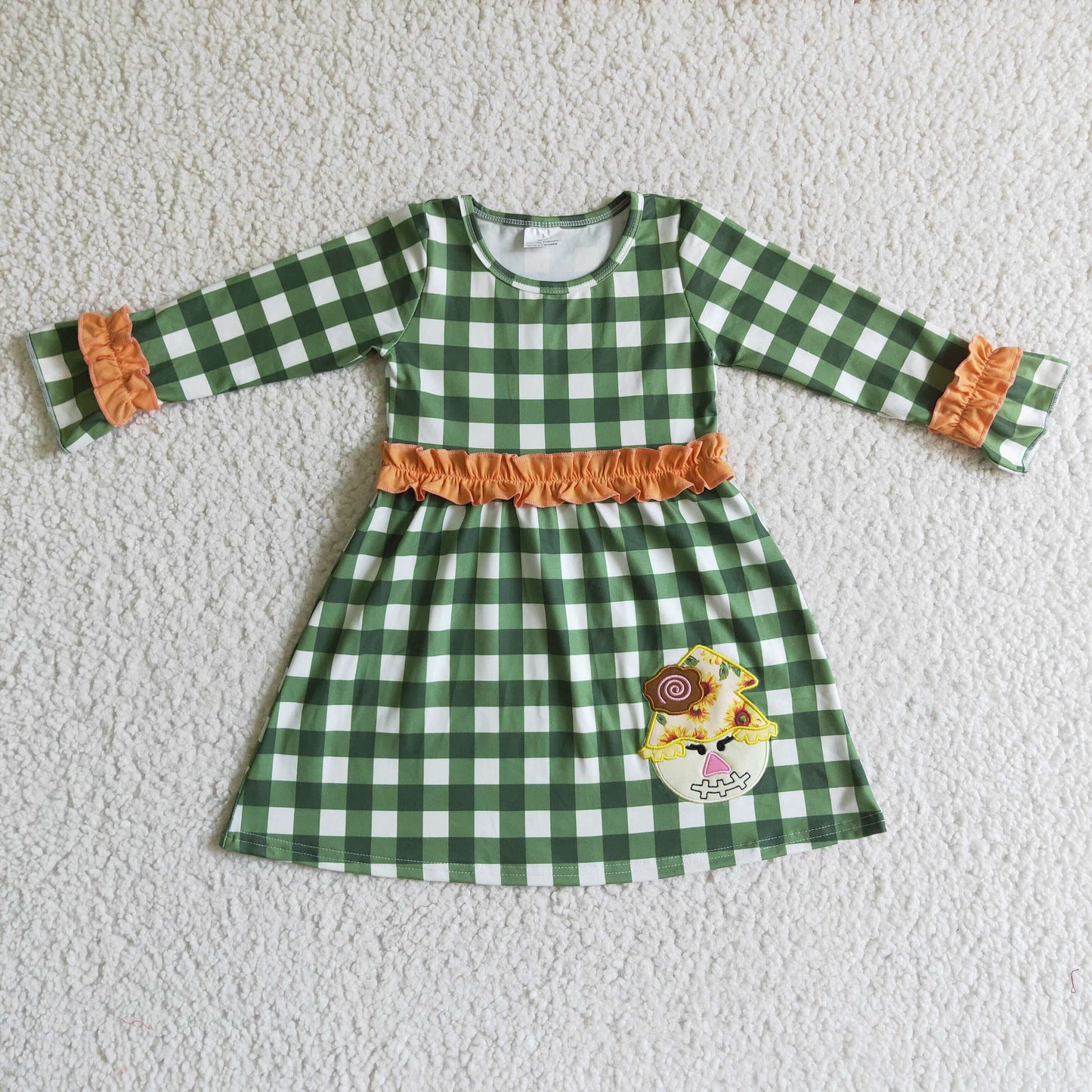 GLD0067 Girls Embroidery Scarecrow Dress Long Sleeves Green Plaid