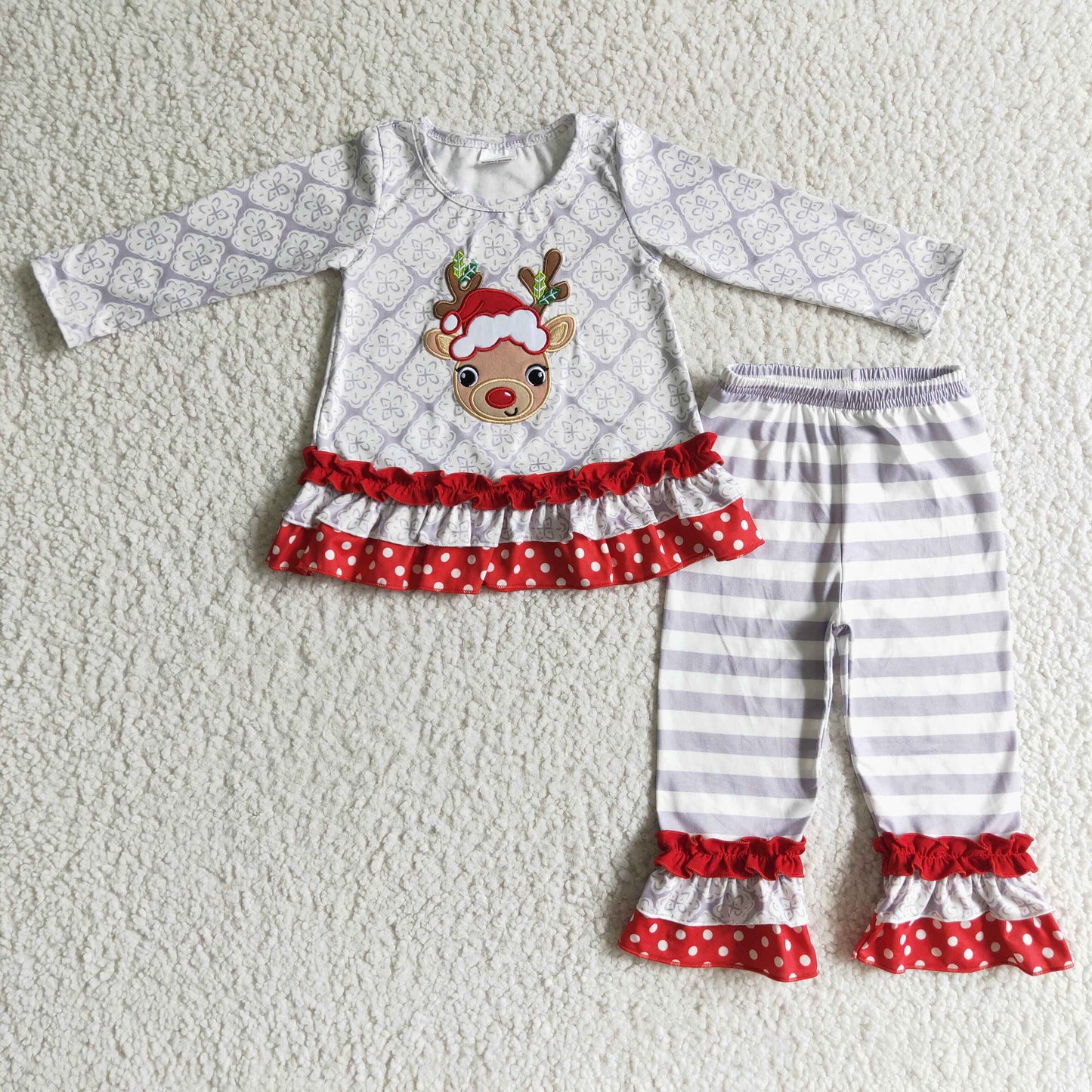 6 A13-27 Girls Embroidery Christmas Deer Outfits Long Sleeves Gray Stripe Pants