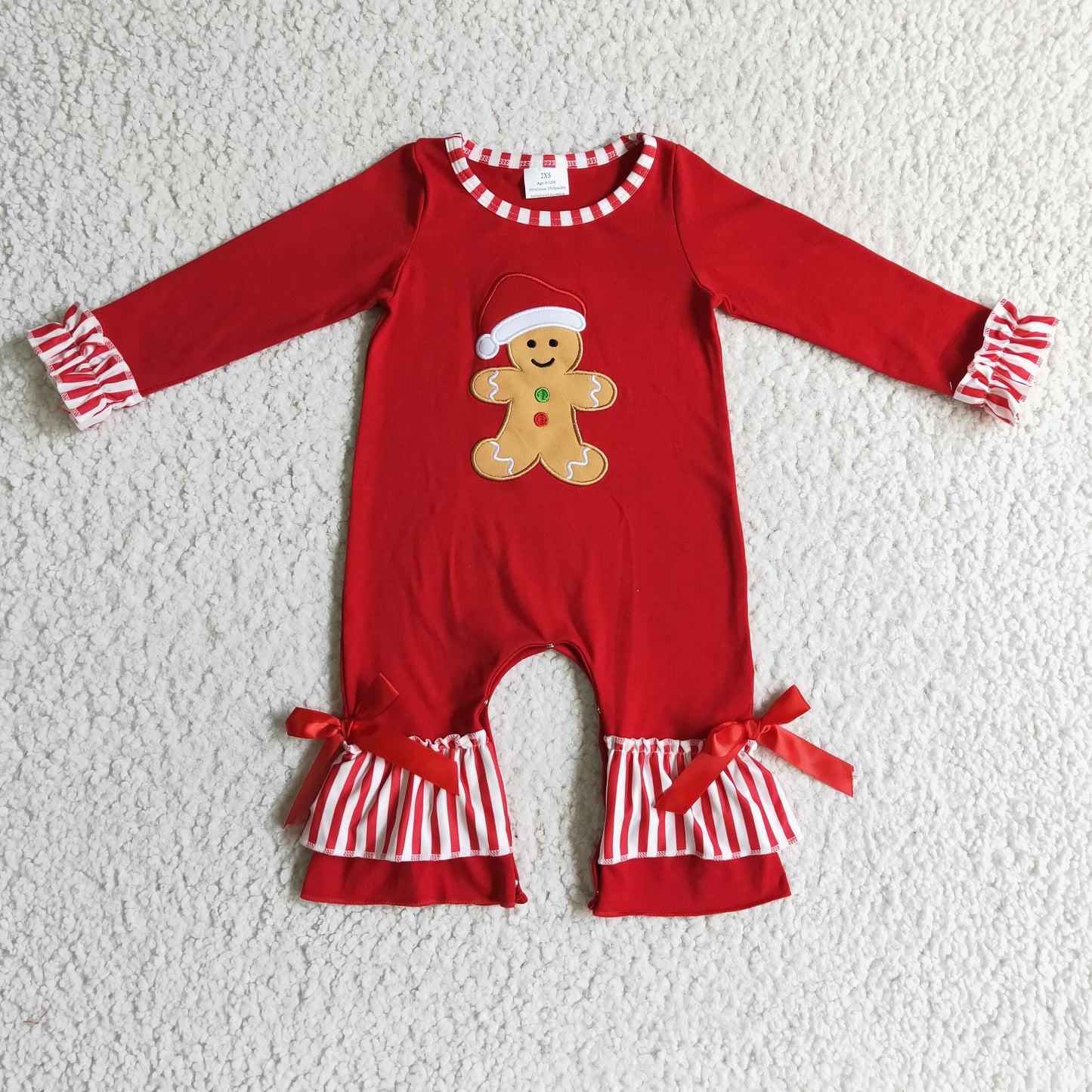 Girls Embroidery Christmas Gingerbread Red Rompers