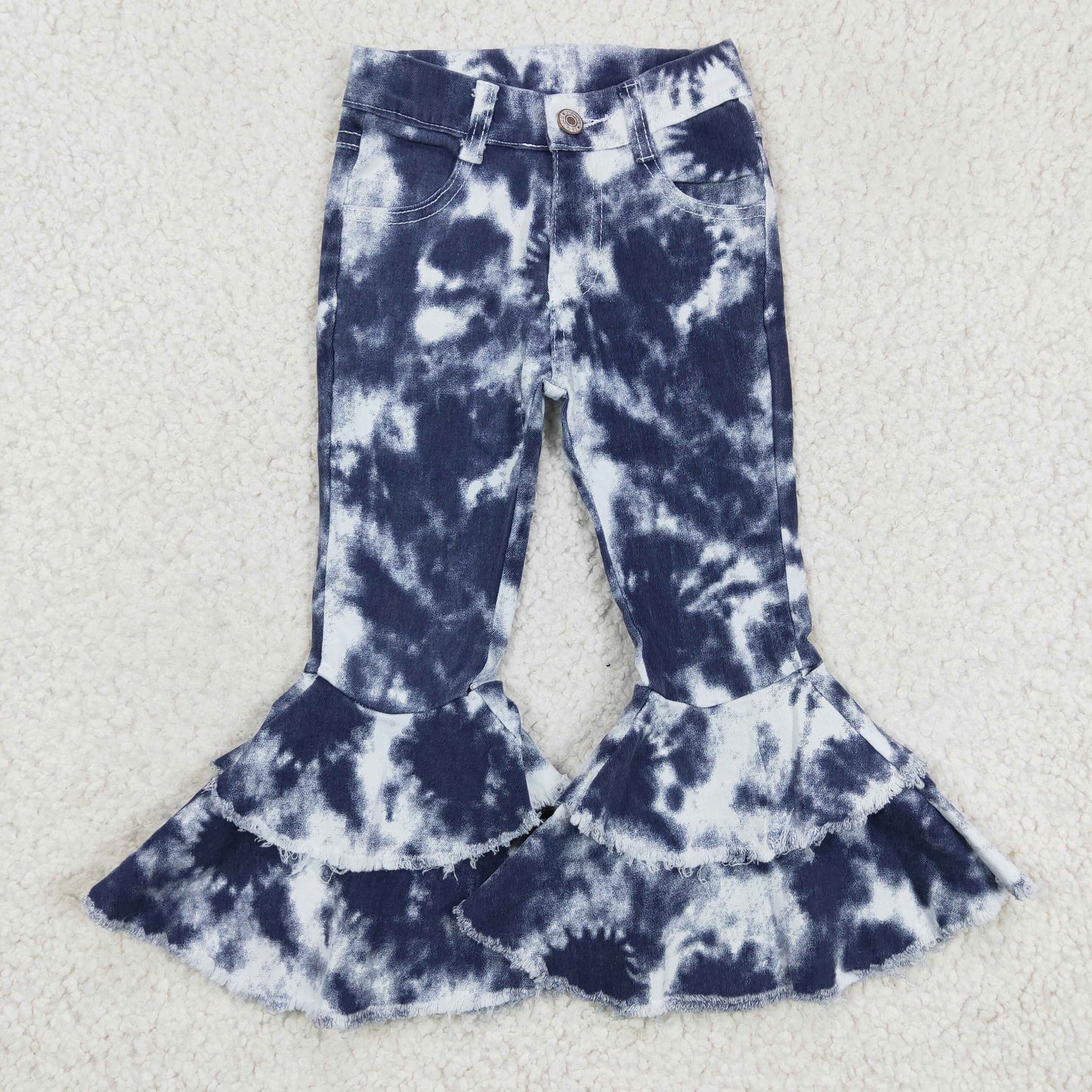 P0035 Girls Tie-dye Blue Jeans Double Ruffles Bell Bottom Pants