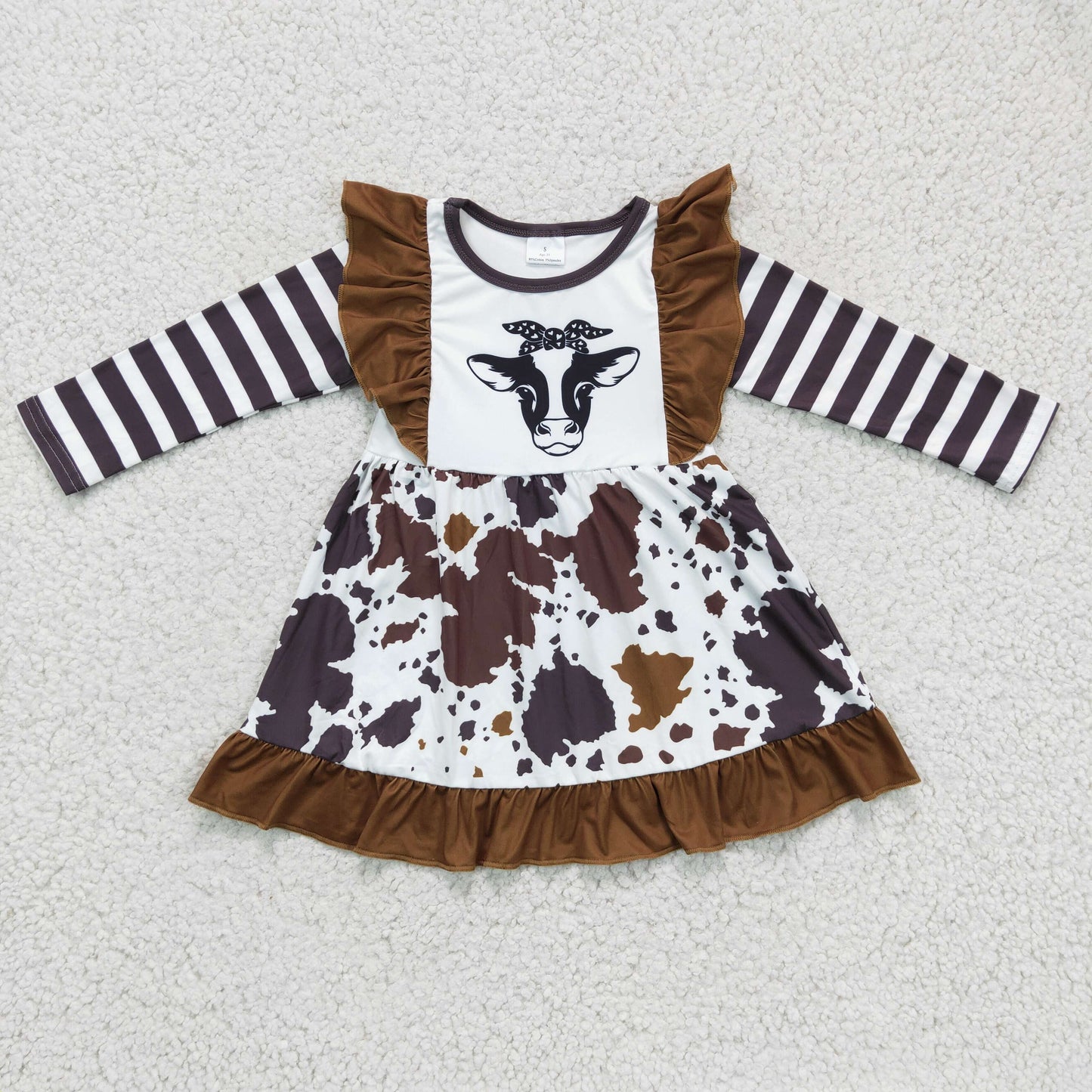 GLD0126 Girls Brown Cow Dress Long Sleeves