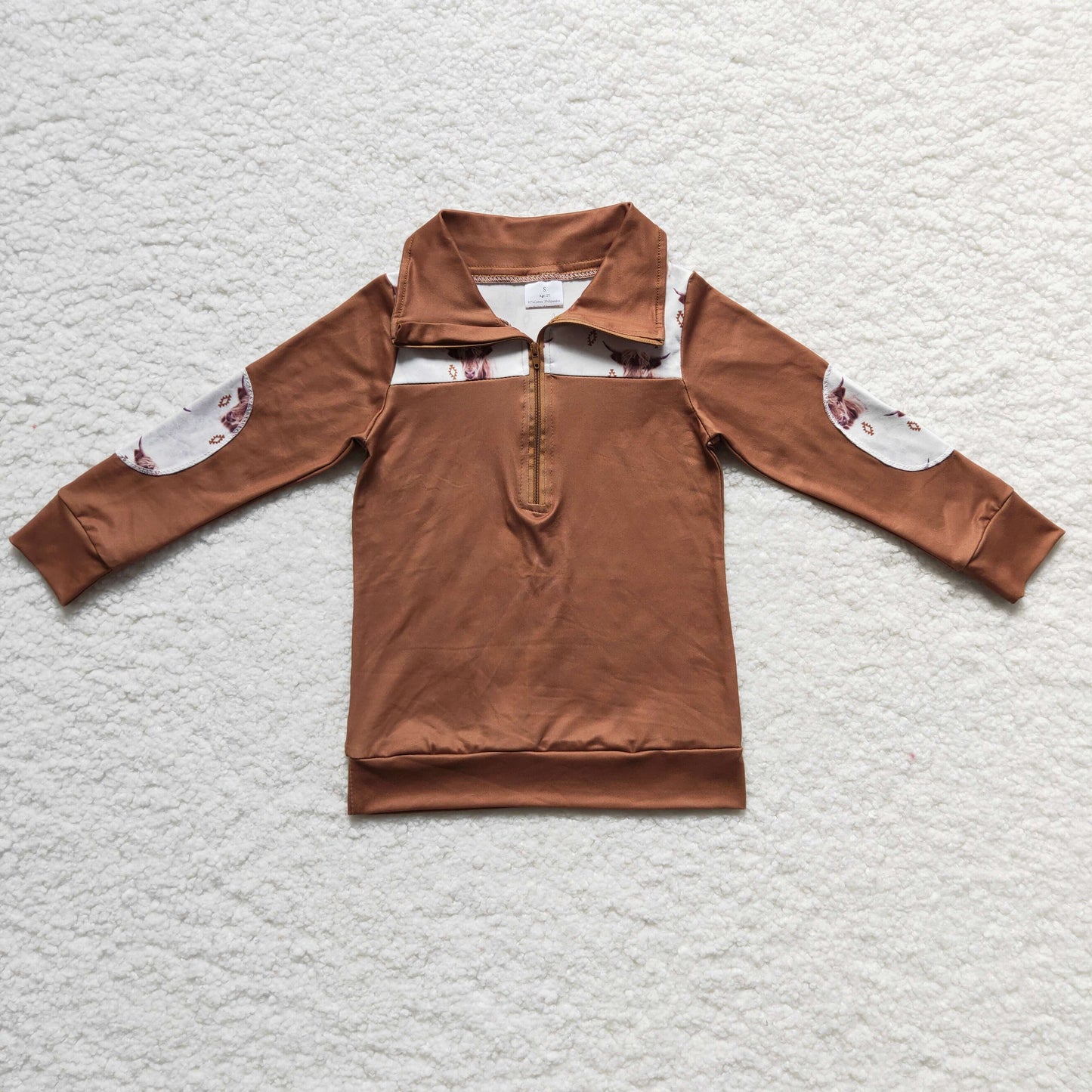 BT0104 Boys Highland Cow Brown Pullover Long Sleeves Zip