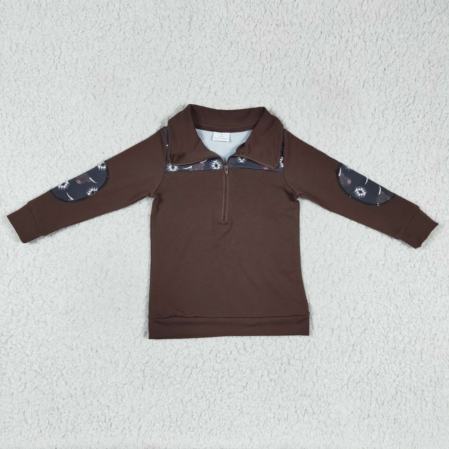 BT0115 Boys Cow Brown Pullover Long Sleeves Zip