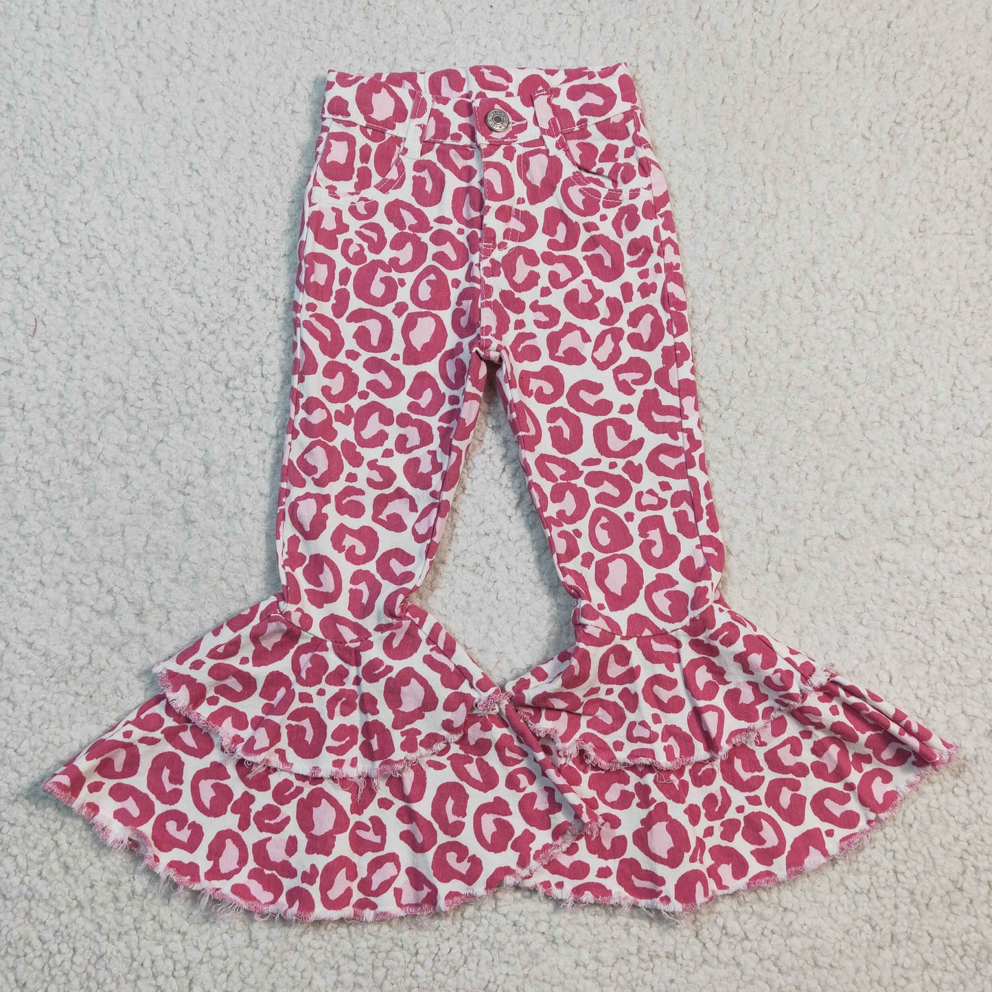Girls Pink Double Ruffles Bell Bottom Leopard Jeans