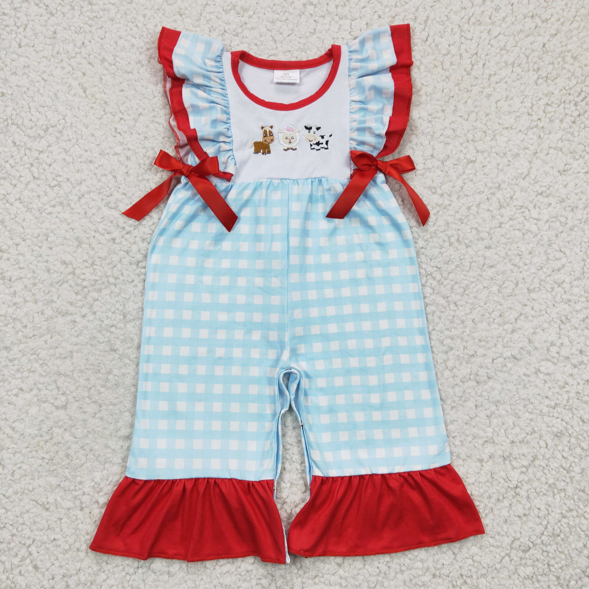Farm Animals French Knot Embroidered Girl Romper