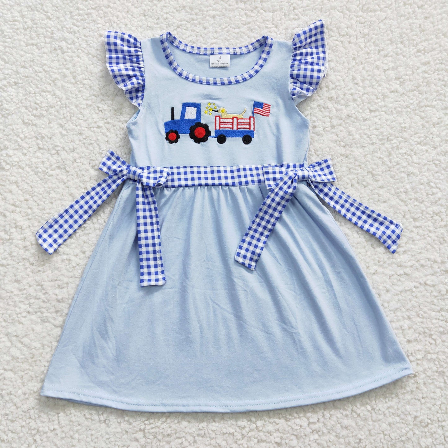 Girls Blue Embroidery Truck Dress Short Sleeves