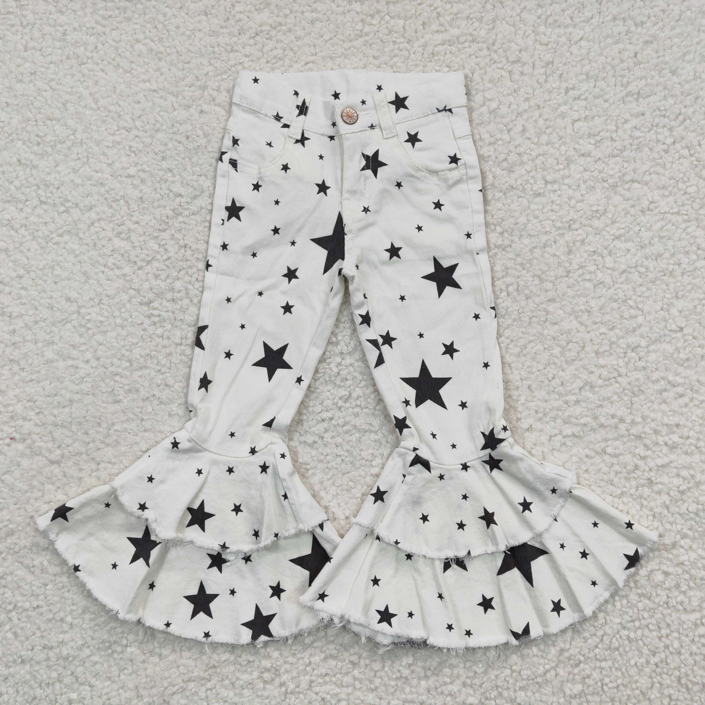 P0068 Girls White Stars Jeans Bell Bottom Pants Ruffled