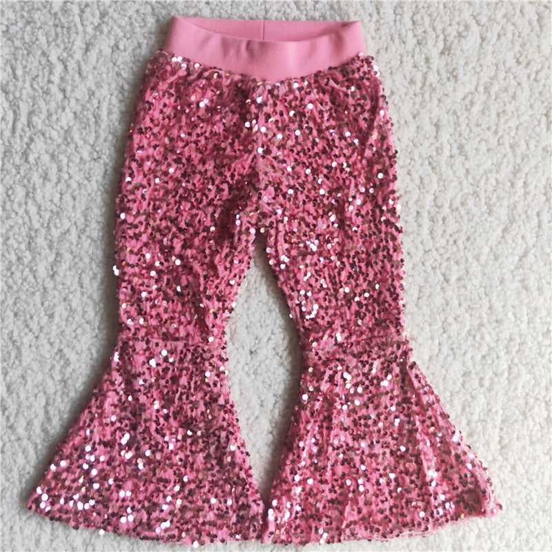 D5-27-2 Girls Sequined Bell Bottom Pants Pink