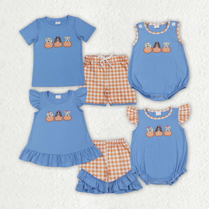 Matching Baby girls boys Halloween puppy blue checkered clothing embroidery