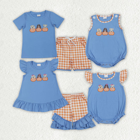 Matching Baby girls boys Halloween puppy blue checkered clothing embroidery