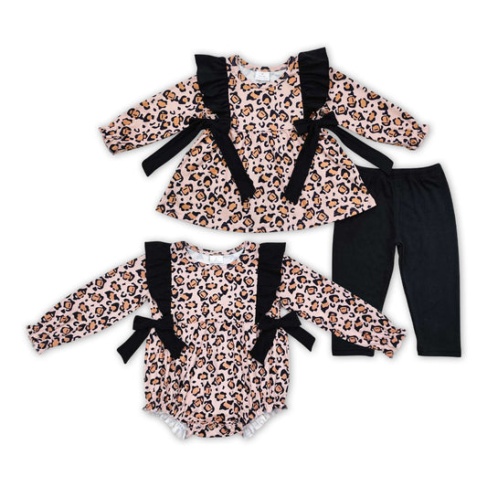 Matching Baby girls black leopard outfits bubble clothing