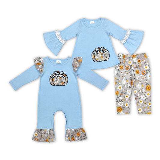 Matching Baby girls blue pumpkin outfits embroidery clothing