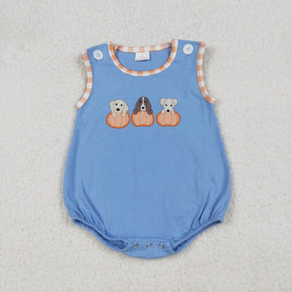 Matching Baby girls boys Halloween puppy blue checkered clothing embroidery