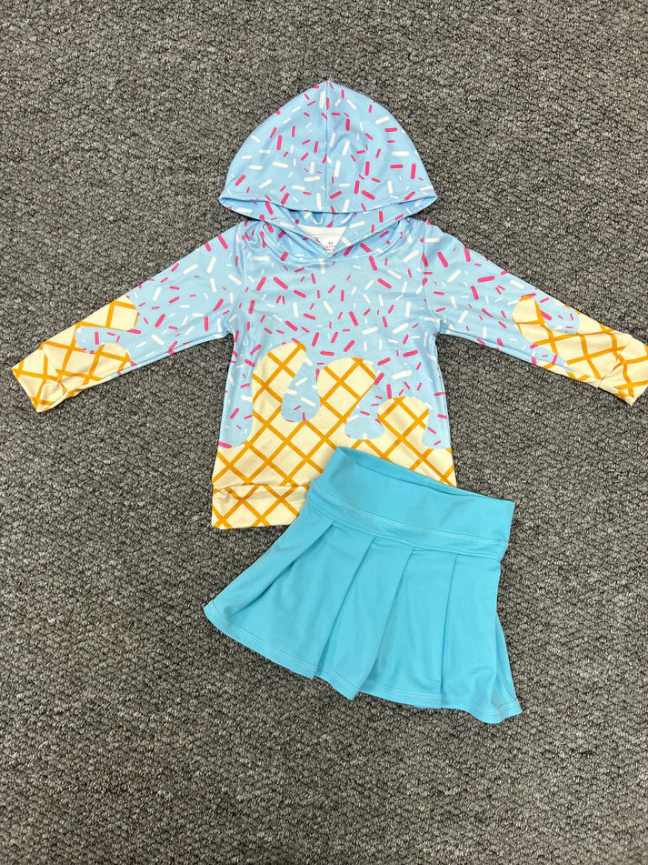 RTS BT1270+GLK0082 Girls Waffle Ice Cream light blue Hooded Long-Sleeved Top Plain Rose Red Yoga Skirt sets