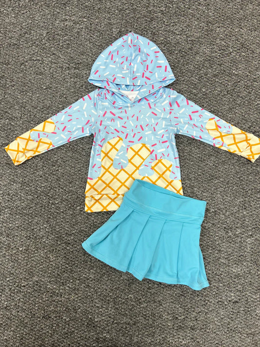 RTS BT1270+GLK0082 Girls Waffle Ice Cream light blue Hooded Long-Sleeved Top Plain Rose Red Yoga Skirt sets
