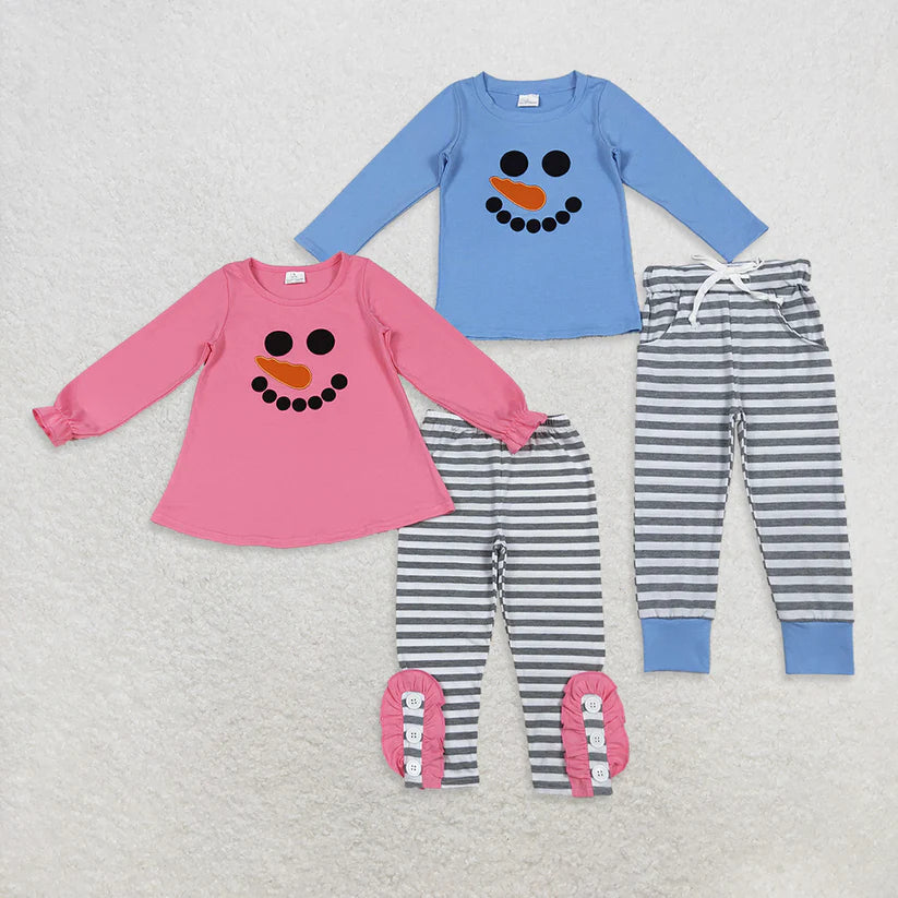 Matching Baby girls boys Christmas snowmen blue pink stripe clothing embroidery