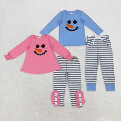 Matching Baby girls boys Christmas snowmen blue pink stripe clothing embroidery